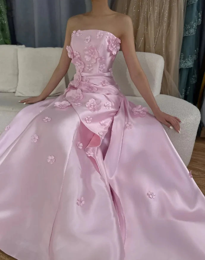 Sweet Pink Mermaid Strapless Prom Dress 3D Floral Satin Evening Dress
