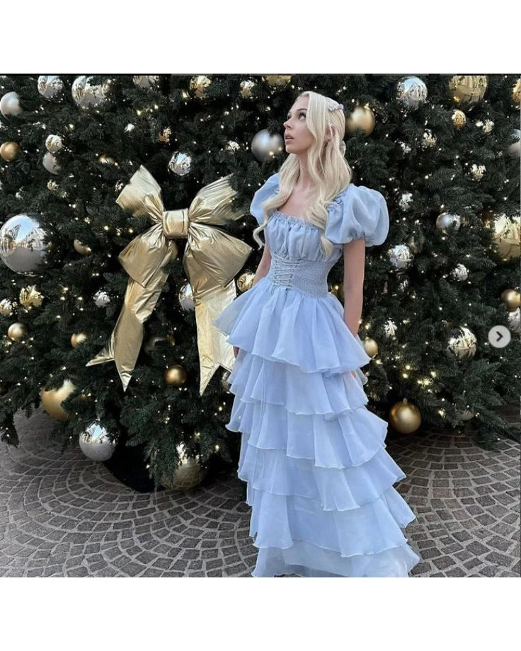 Cute Blue Tulle Tiered Hepburn Princess Prom Dress Evening Dress Ball Gown