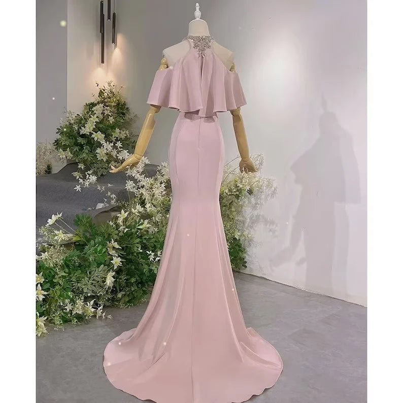 Pink Vintage Off The Shoulder Long Mermaid Prom Dress Elegant Evening Dress