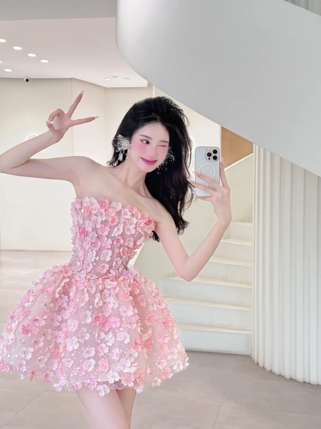 Stunning A Line Strapless Flower Pink Tulle  Off Shoulder Short Homecoming Dress