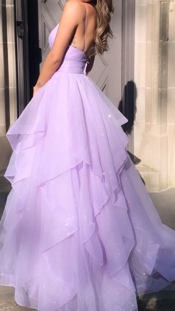 Purple V-Neck Tulle Long A-Line Party Evening Dresses