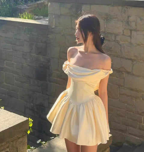 Cute A Line Off the Shoulder Ivory Satin Short Homecoming Dress