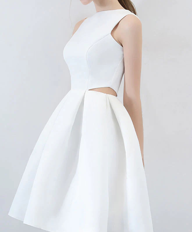 Simple White Satin Short Prom Dress, Unique design Retract Your Waist Homecoming Dress