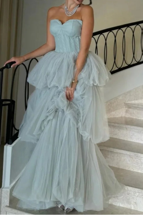 Unique design Tulle Strapless Multi-layered Retract Your Waist Evening Dress