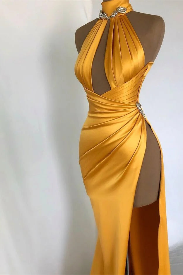 Off Shoulder Elegant sexy Champagner Gold evening dress High Neck with Pleated Slit