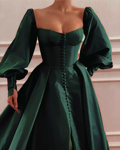 Long sleeved square neck satin green long formal evening gown
