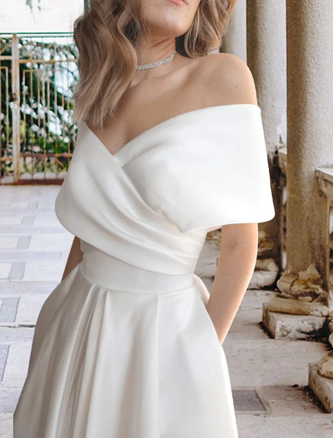Reception Little White Dresses Wedding Dresses A-Line Off Shoulder Cap Sleeve Tea Length Satin Bridal Gowns With Pleats