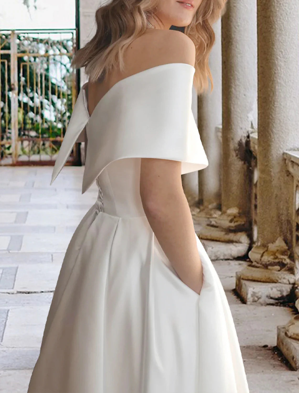 Reception Little White Dresses Wedding Dresses A-Line Off Shoulder Cap Sleeve Tea Length Satin Bridal Gowns With Pleats