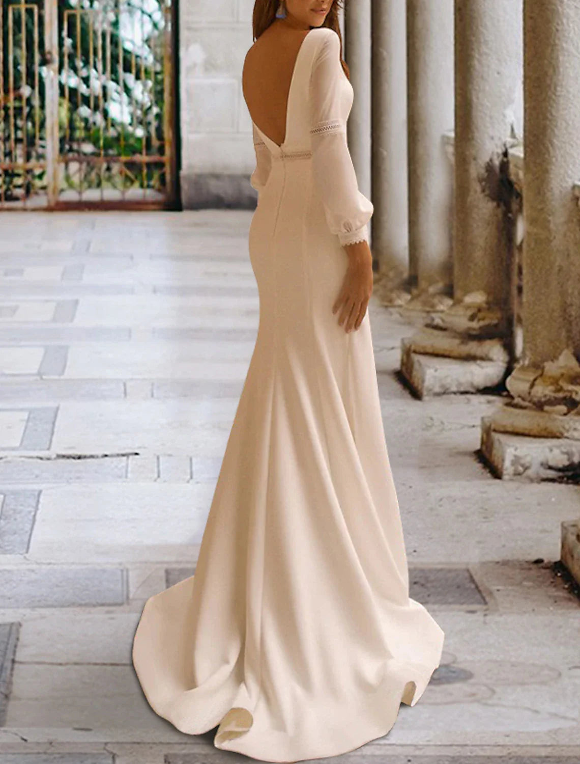 Hall Open Back Casual Wedding Dresses Mermaid / Trumpet Scoop Neck Long Sleeve Sweep / Brush Train Stretch Fabric Bridal Gowns With Beading