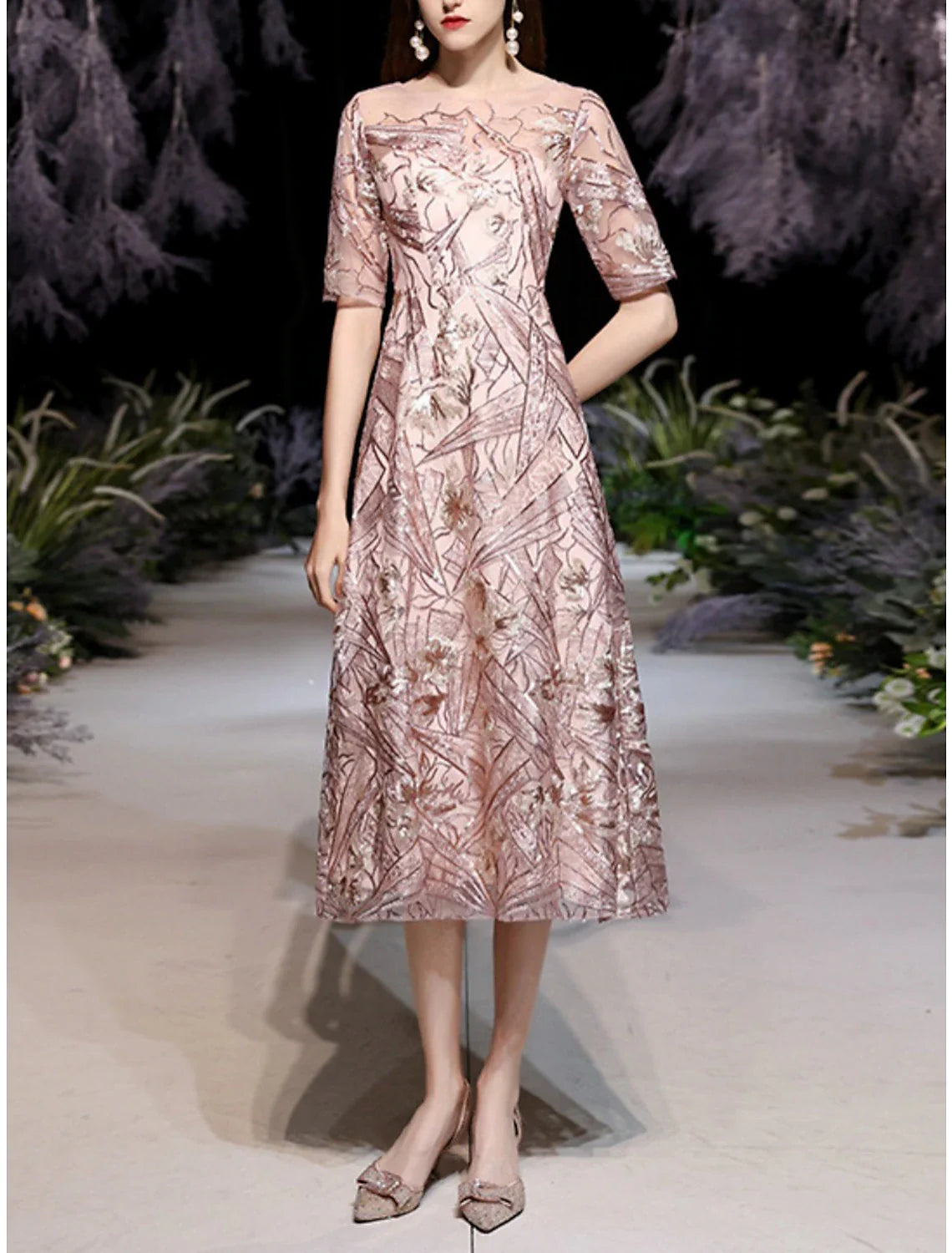 Sheath / Column Mother of the Bride Dress Wedding Guest Party Sparkle & Shine Petite Scoop Neck Tea Length Sequined Half Sleeve