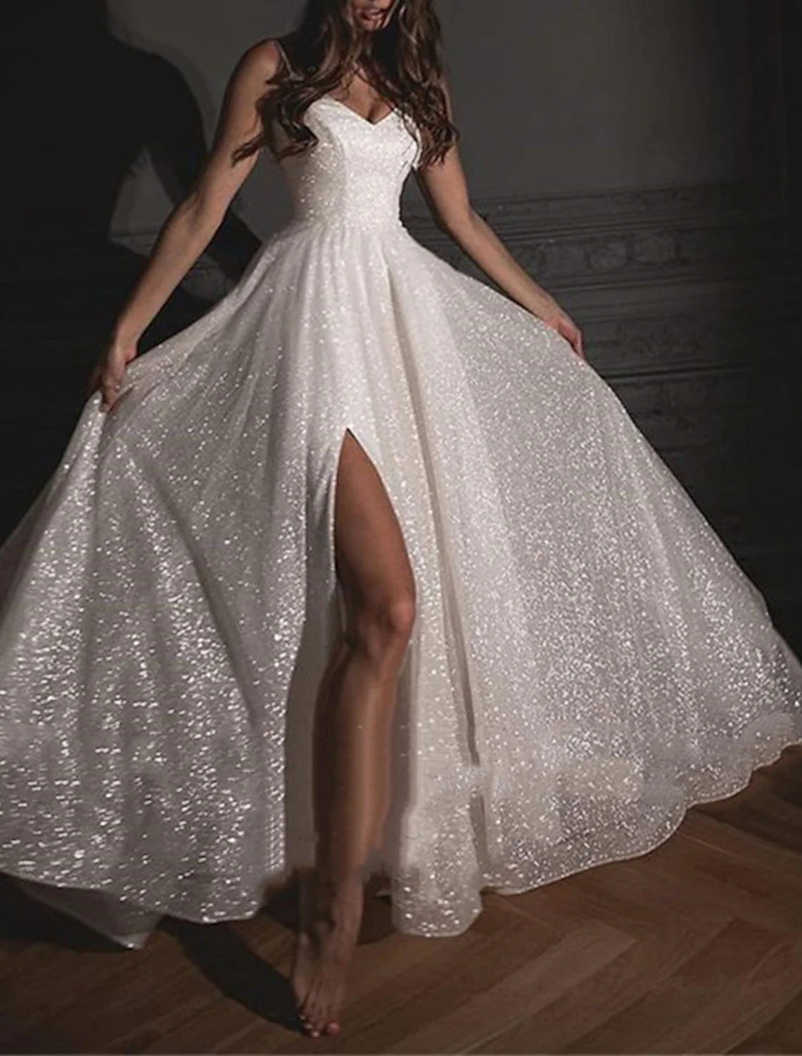 Bridal Shower Sparkle & Shine Wedding Dresses A-Line Sweetheart Camisole Spaghetti Strap Floor Length Sequined Bridal Gowns With Sequin