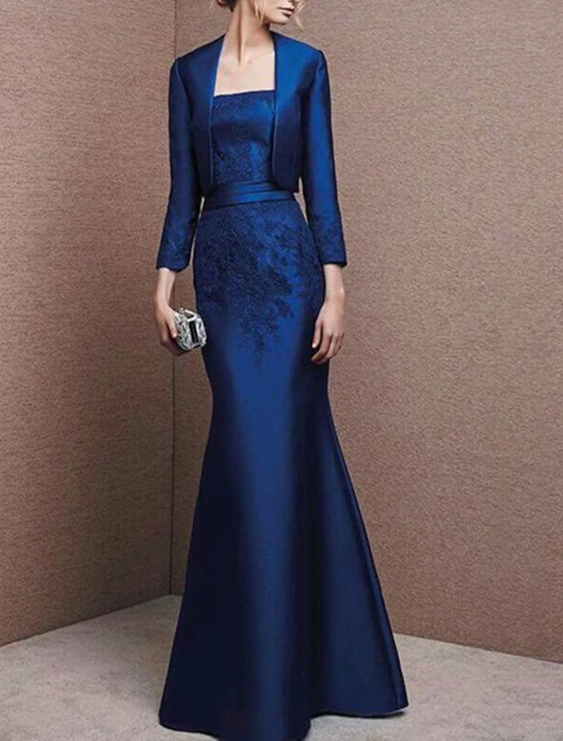 Two Piece Mermaid / Trumpet Mother of the Bride Dress Wedding Guest Elegant Strapless Floor Length Satin Lace 3/4 Length Sleeve with Appliques