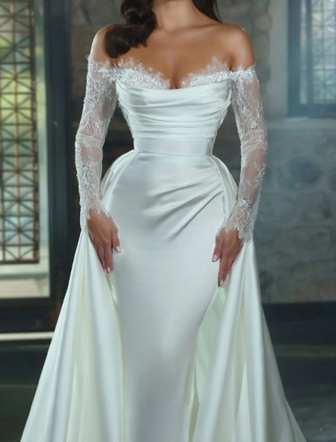 Engagement Formal Fall Wedding Dresses Sheath / Column Off Shoulder Long Sleeve Chapel Train Satin Bridal Gowns With Appliques