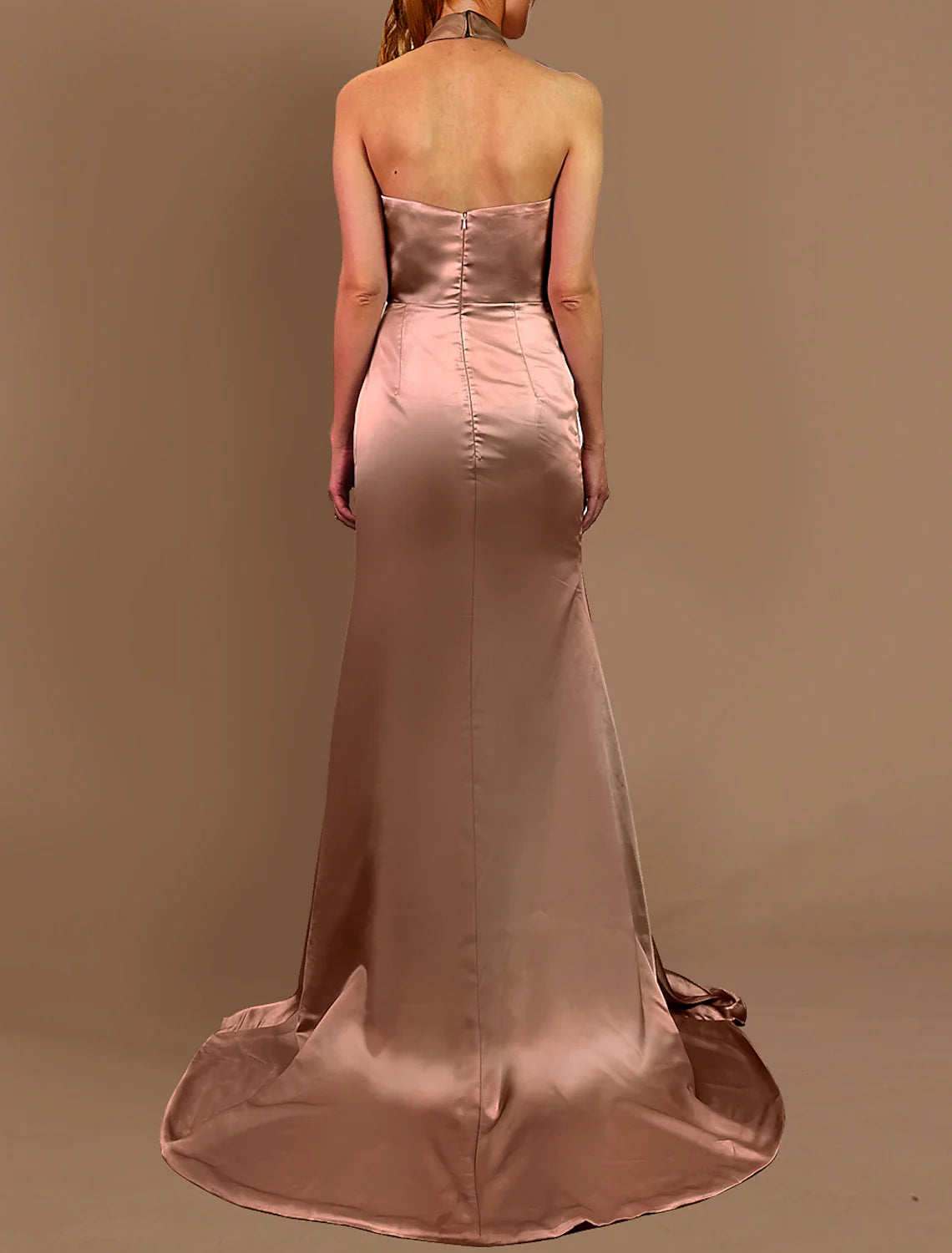 Mermaid / Trumpet Evening Gown High Split Dress Halter Neck Pink Dress Wedding Sweep / Brush Train Sleeveless Bridesmaid Dress Satin With Pleats