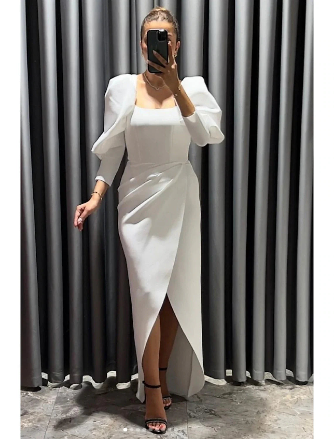 Black Dress Sheath / Column Evening Gown Elegant Dress Formal Fall Asymmetrical 3/4 Length Sleeve Square Neck Stretch Fabric with Ruched