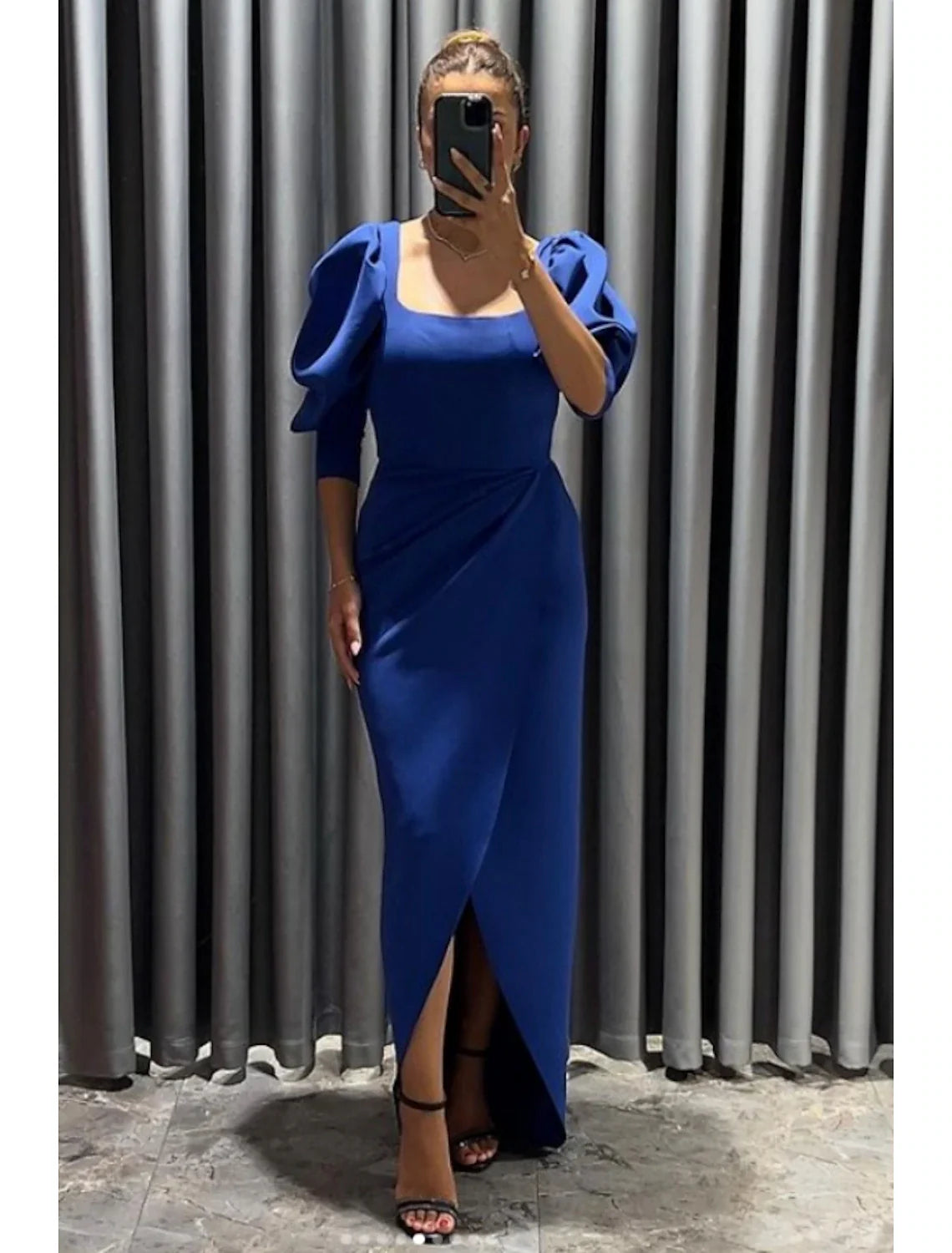 Black Dress Sheath / Column Evening Gown Elegant Dress Formal Fall Asymmetrical 3/4 Length Sleeve Square Neck Stretch Fabric with Ruched