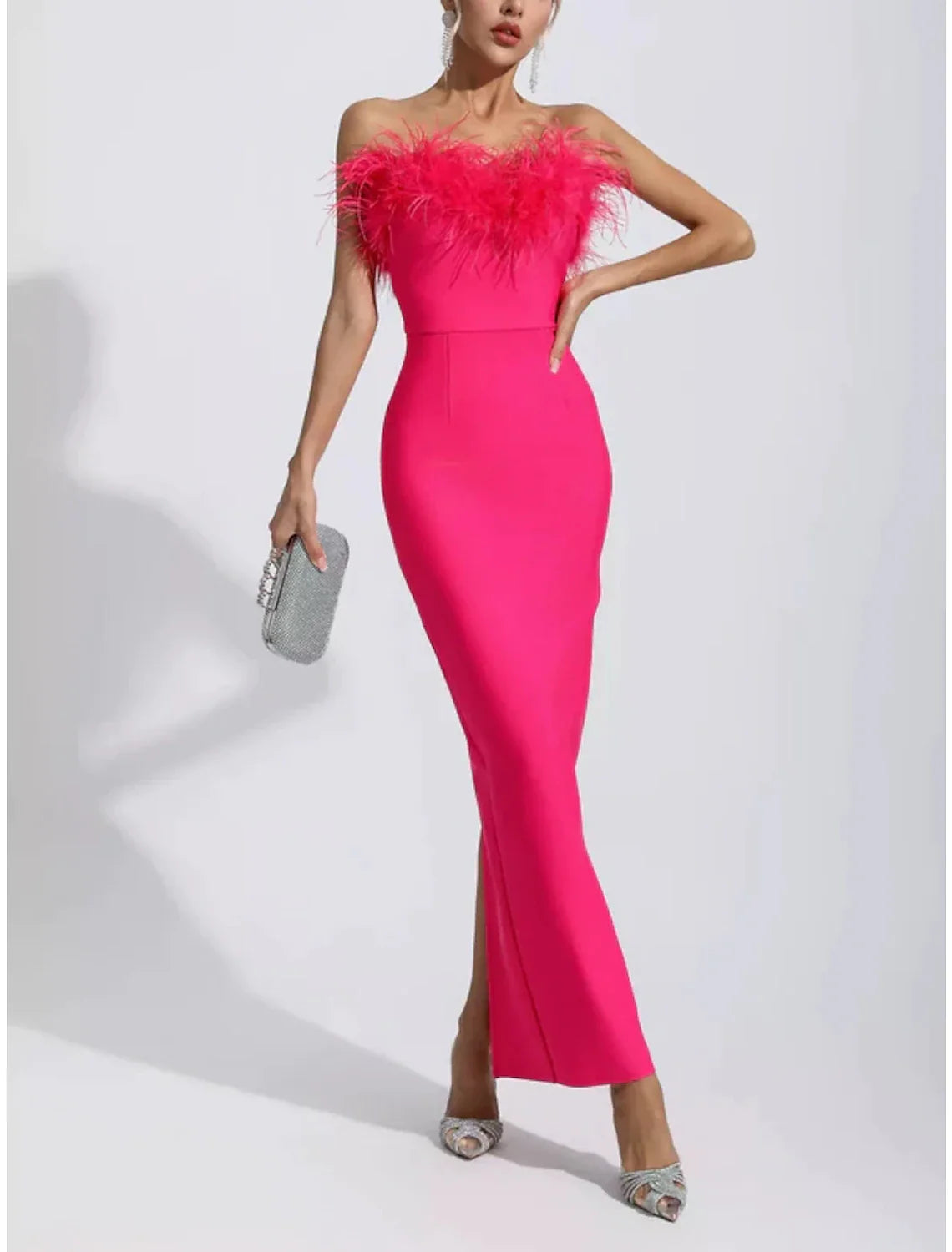 DingJiDress Black Sheath / Column Evening Gown Elegant Dress Formal Fall Ankle Length Sleeveless Strapless Stretch Fabric with Feather
