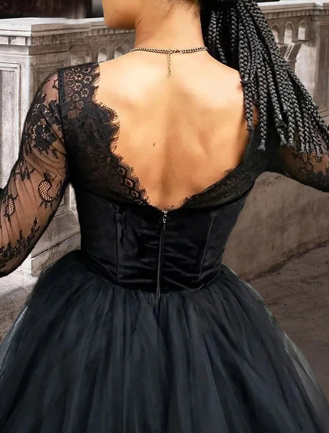 Black Wedding Dresses Formal A-Line Square Neck 3/4 Length Sleeve Floor Length Lace Gothi Fall Halloween Bridal Gowns With Pleats