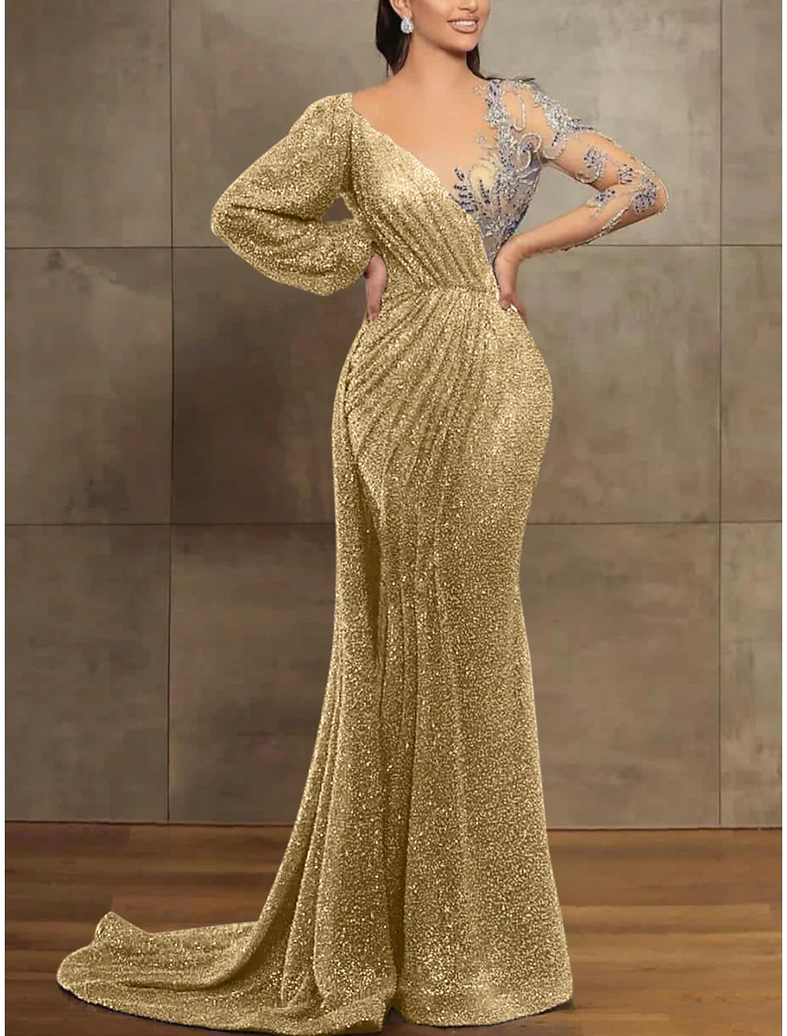 Mermaid / Trumpet Evening Gown Elegant Dress Formal Christmas Court Train Long Sleeve Illusion Neck Sequined with Pleats Sequin