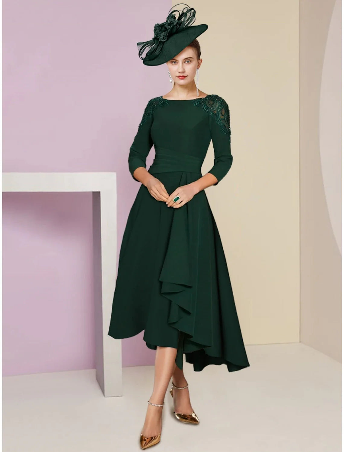 A-Line Mother of the Bride Dress Wedding Guest Elegant Scoop Neck Asymmetrical Stretch Chiffon 3/4 Length Sleeve with Sequin Ruching
