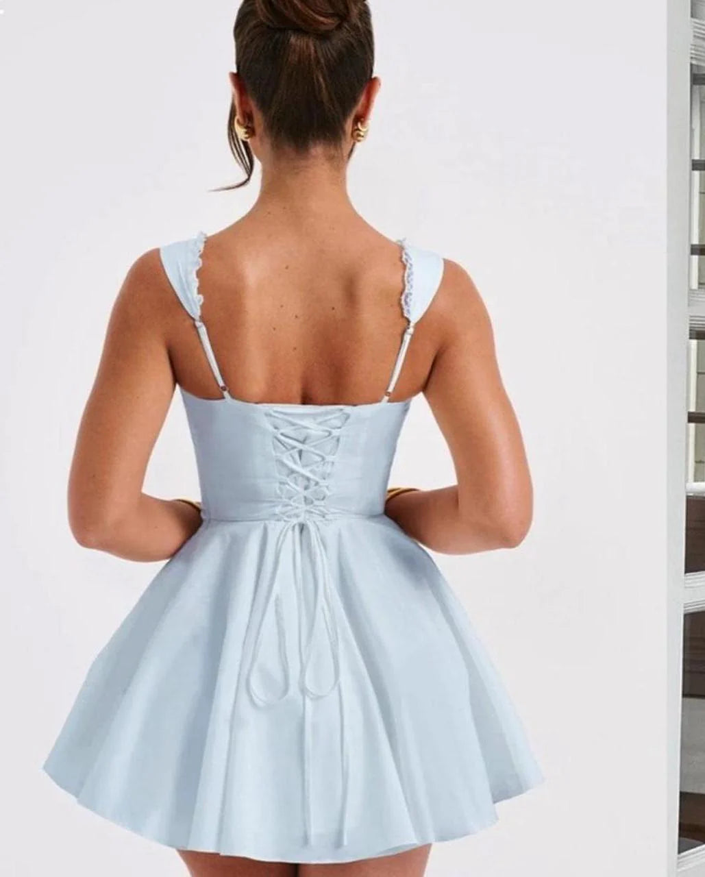 A-Line Satin Short Prom Dresses Sweet Simple Blue Square Neck Homecoming Dress