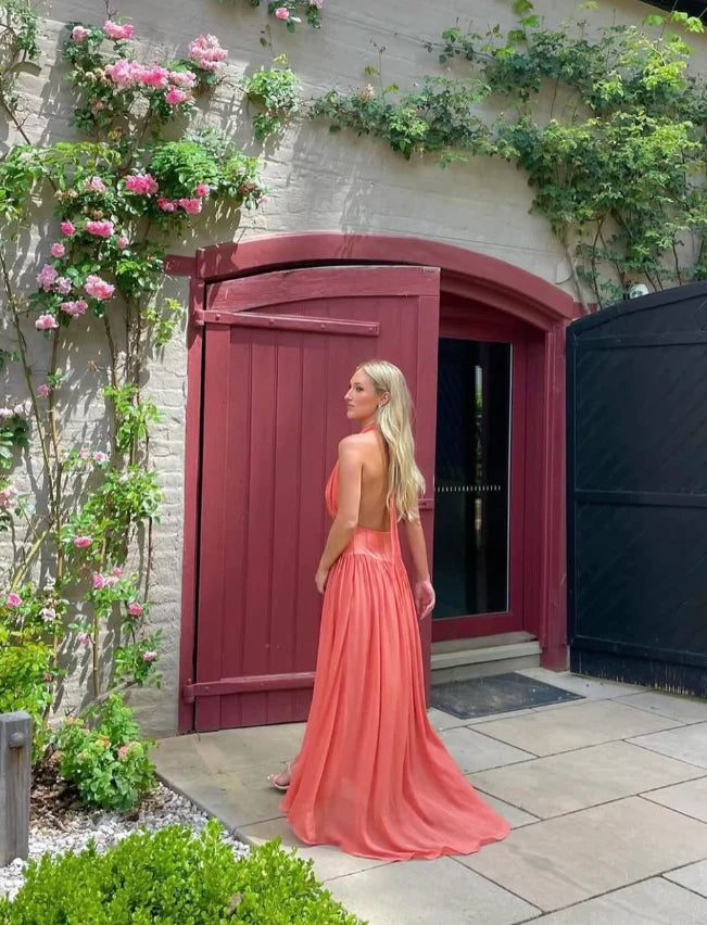 V Neck Orange Chiffon Open Back Prom Dress Sexy A Line Evening Dress