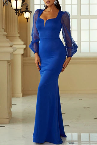 Royal Blue Queen Anne Long Sleeve Mermaid Slim-fit Formal Dress