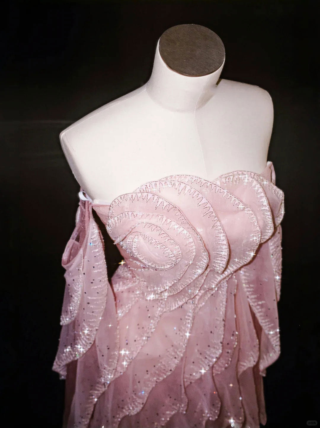 Gentle A Line Off the Shoulder Layered Rhinestone Beaded Pink Organza Long Party Dress