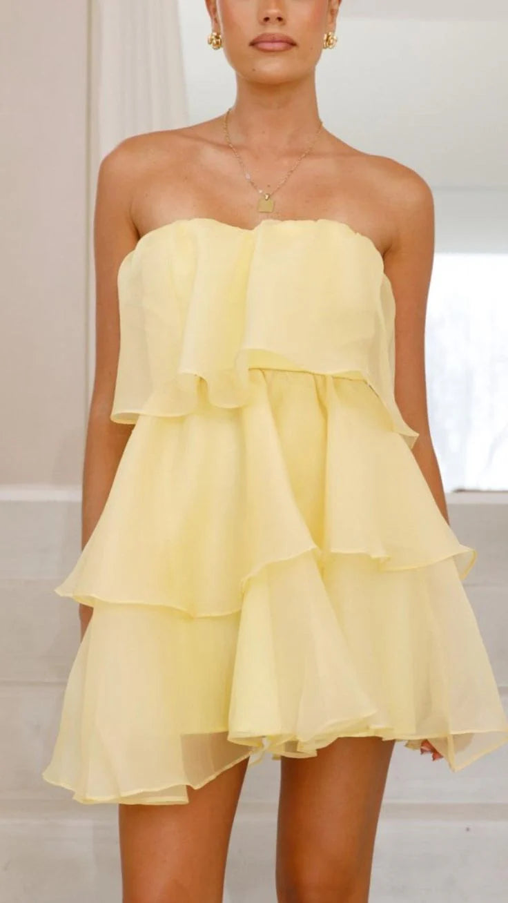 Cute A Line Strapless Yellow Tiered Organza Short Homecoming Birthday Dress