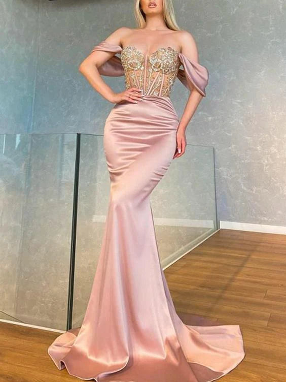 Stylish Off-The-Shoulder Shiny Hollow Split-Side Backless Evening Maxi Dress