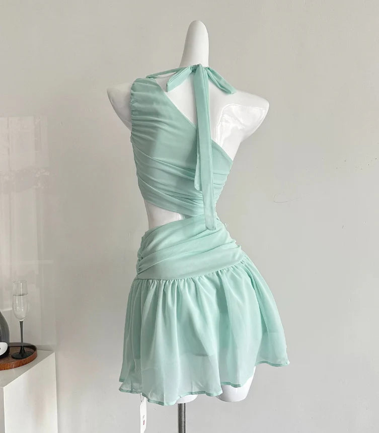 Mint Green A Line Halter Flower Chiffon Short Show waist Homecoming Dress