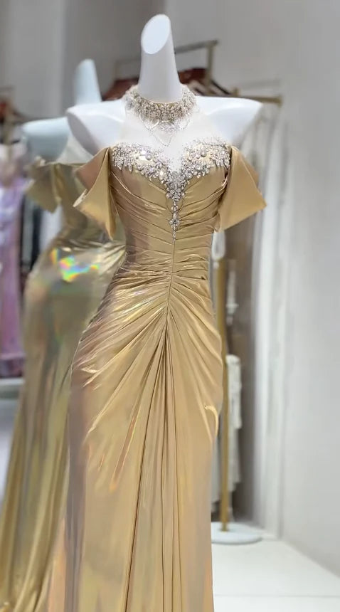 Off Shoulder Mermaid Satin Long Prom Dresses Elegant Yellow Formal Evening Gowns