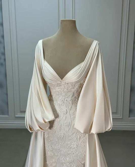 Luxury Wedding Dresses Ivory Satin Lace A-line Bridal Gowns