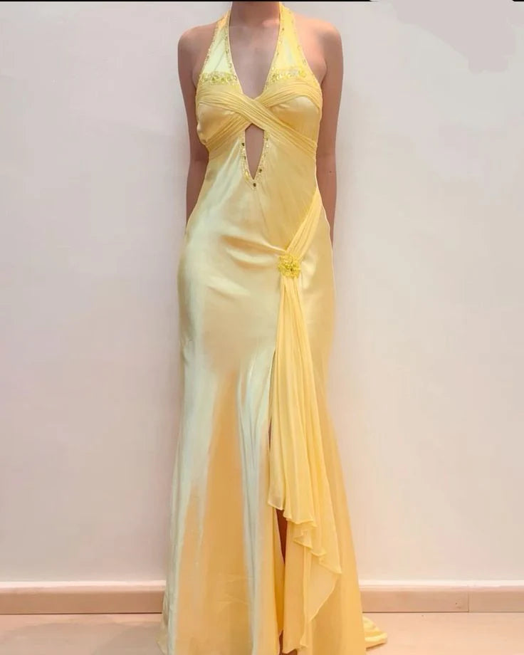 Yellow Prom Dresses V Neck Formal Evening Dress