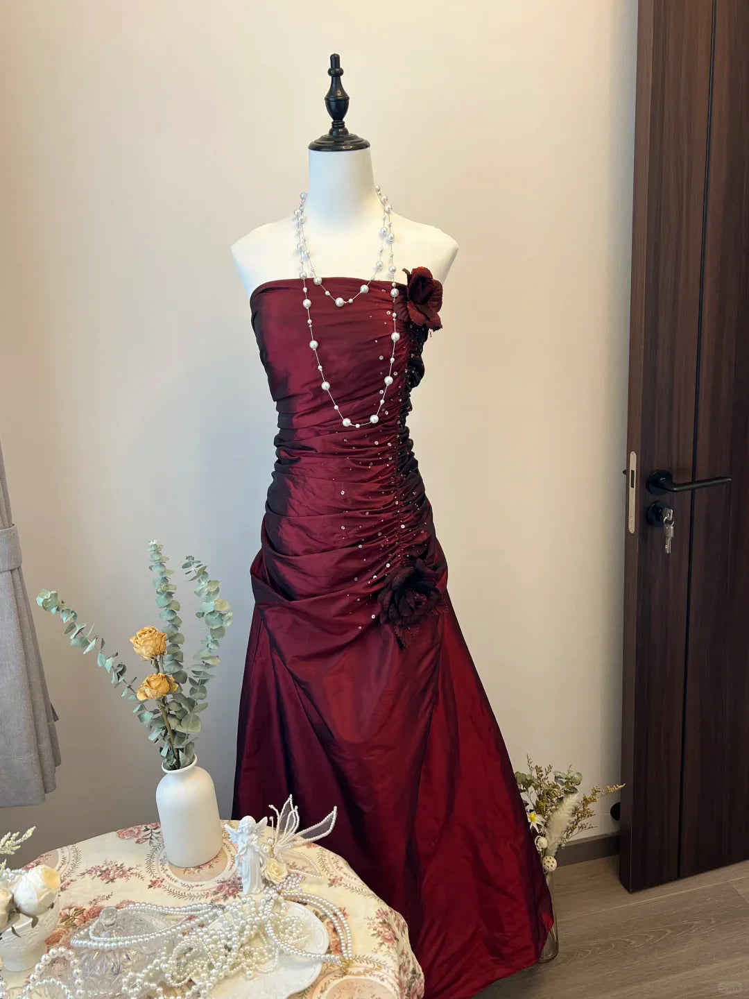 Vintage A Line Strapless Flower Pleated Burgundy Satin Long Prom Dress