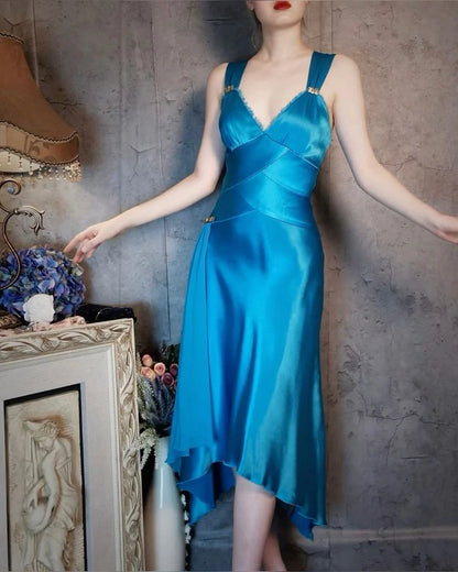 Elegant A Line Straps Blue Satin Party Dress Sleeveless Evening Dress