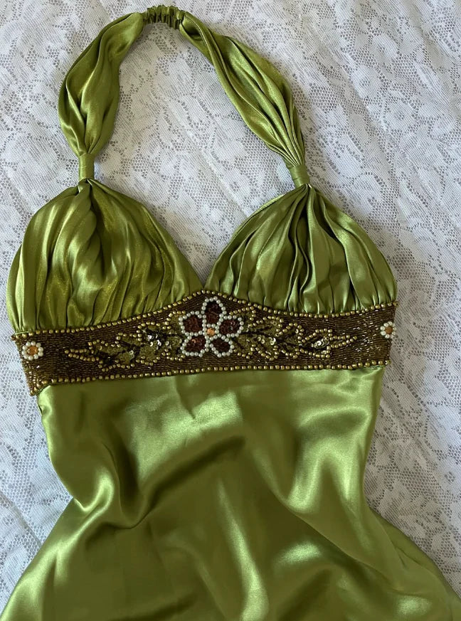 Vintage Sheath Halter Beaded Green Satin Open Back Prom Dress