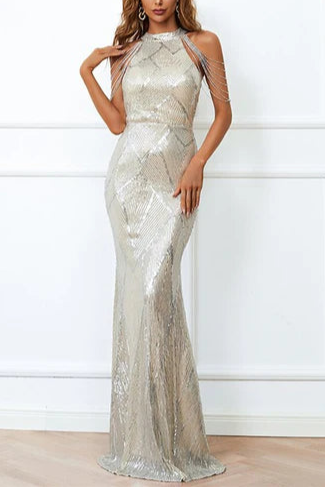 Slim-fit Sequin Halter Fringe Appropriate color matching Mermaid Long Evening Dress