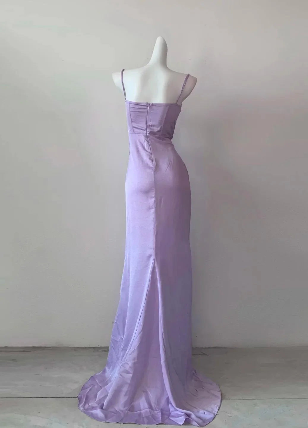 Spaghetti Straps Sheath Satin Long Prom Dresses Elegant Purple Formal Evening Gowns