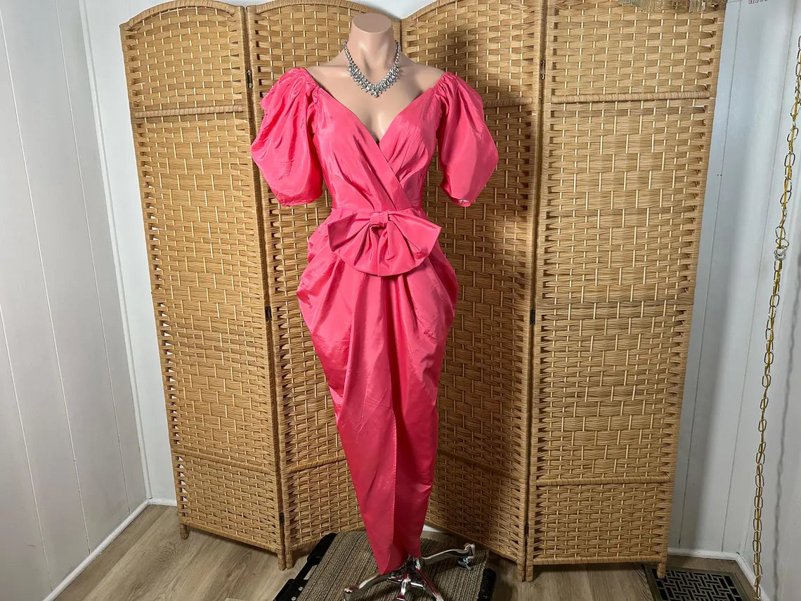 Vintage 1980s Hot Pink Taffeta Dress Cocoon Drape Prom Dress With Bow