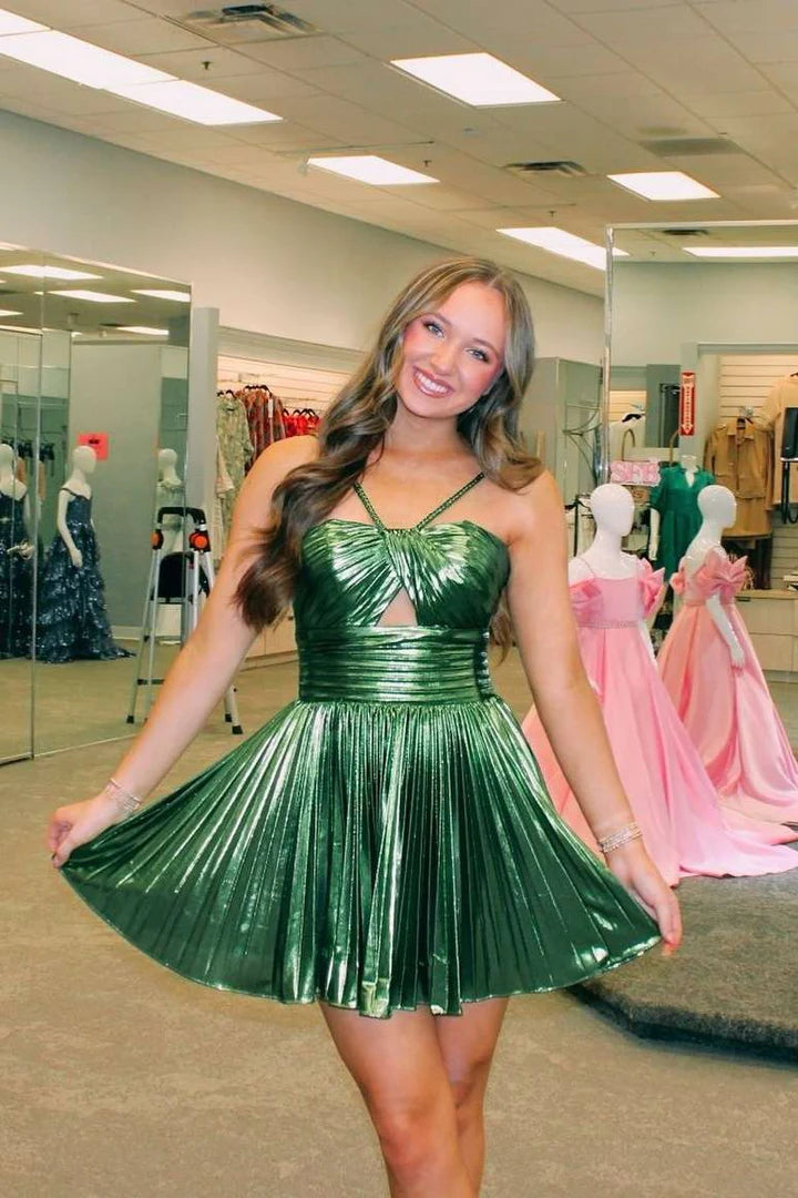 Metallic Spaghetti Strap Stunning Pleated Retract Your Waist  A-Line Homecoming Dress