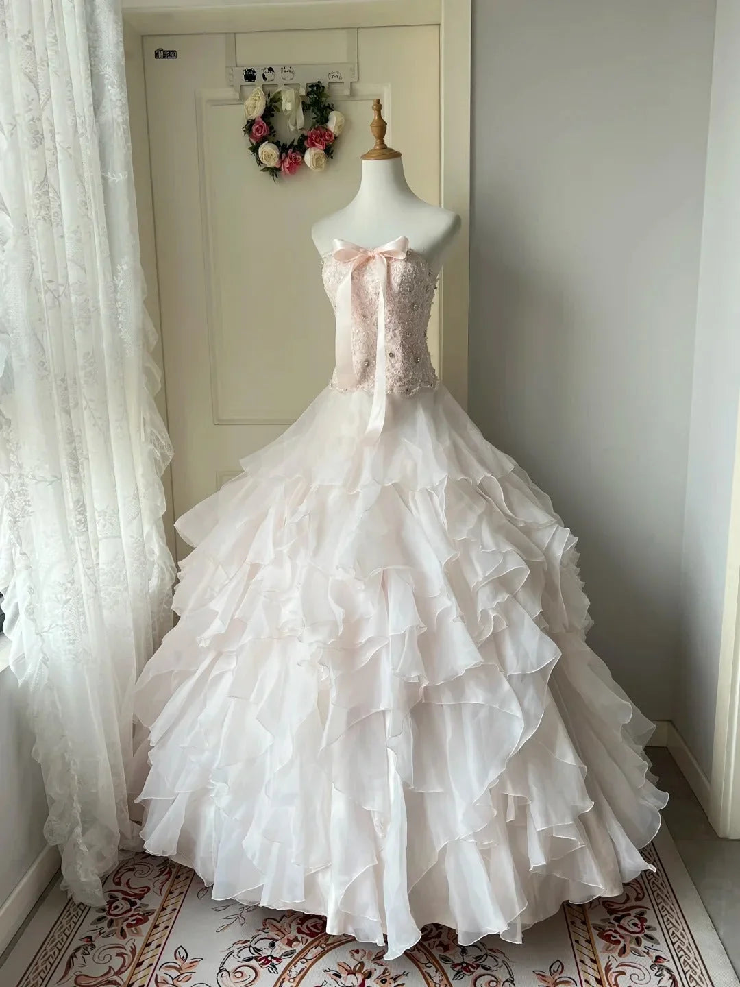 Princess A Line Sweetheart Neck Rhinestone Tiered Light Pink Tulle Party Dress