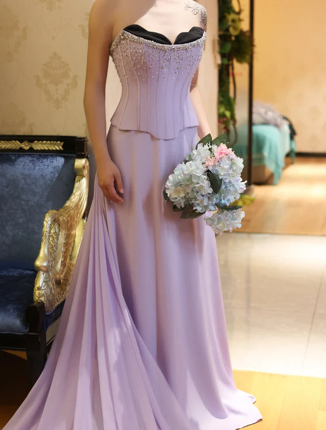 Lilac A Line Sweetheart Neck Beaded Satin Chiffon Long Evening Dress