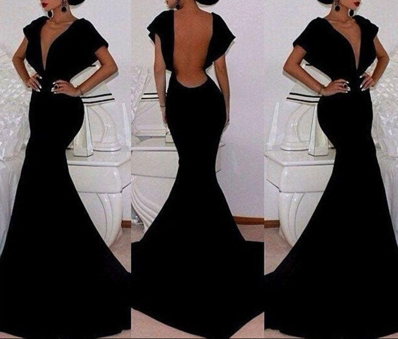 Deep V-Neck Bridelily Black Velvet Prom Dresses Short Sleeve Elegant Mermaid Evening Gowns