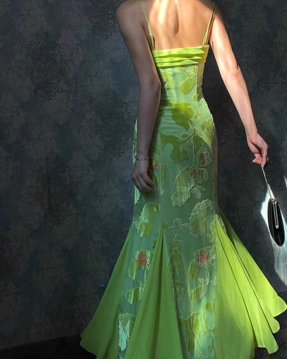 Print Flower Green Satin Chiffon Party Dress Slim-fit Evening Dress