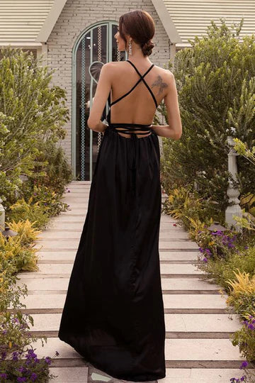 Full of charm Backless Red V-Neck High Side Slit Long Evening Dress