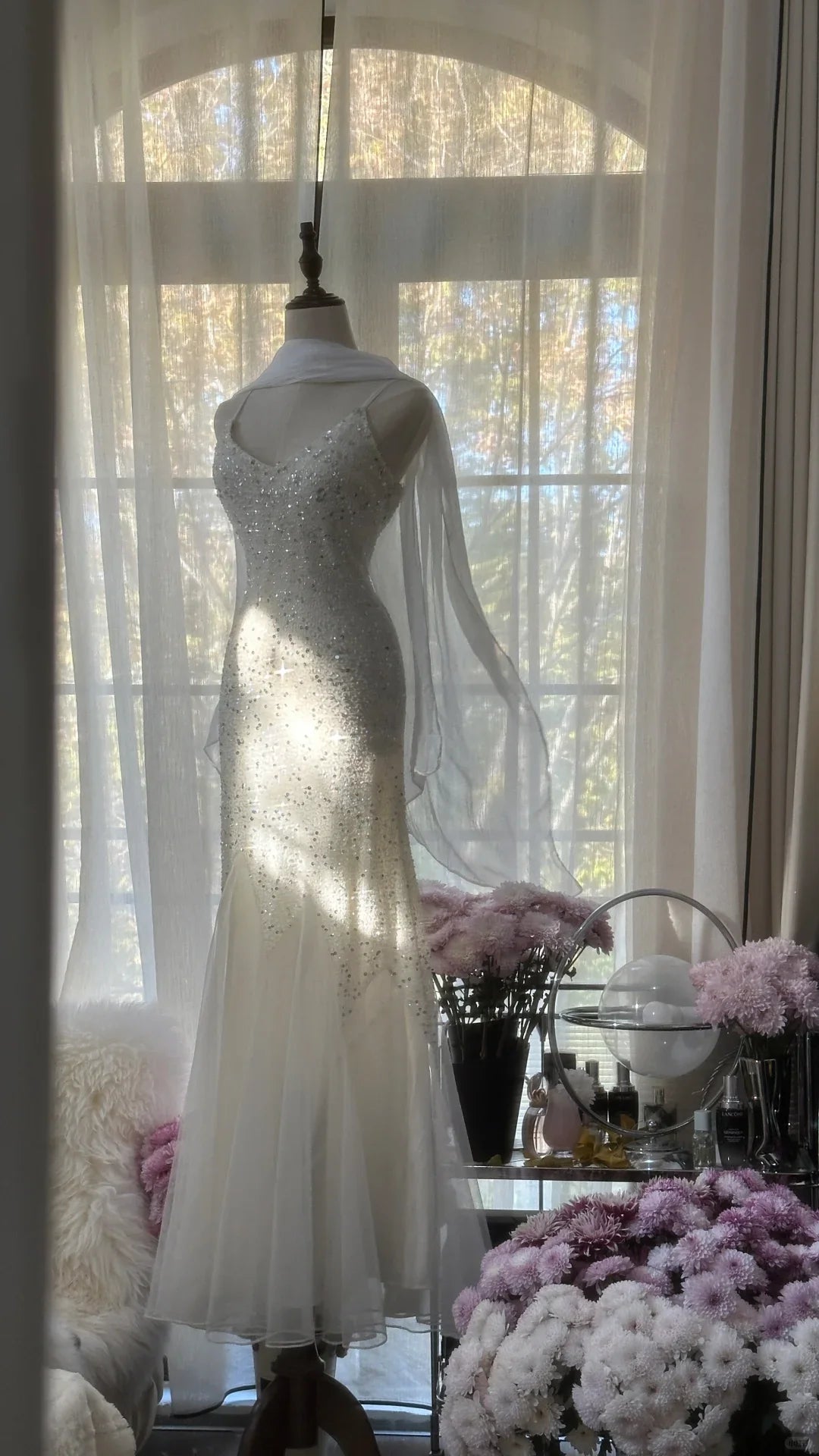 Flowy Mermaid Spaghetti Straps Beaded White Chiffon Long Prom Dress