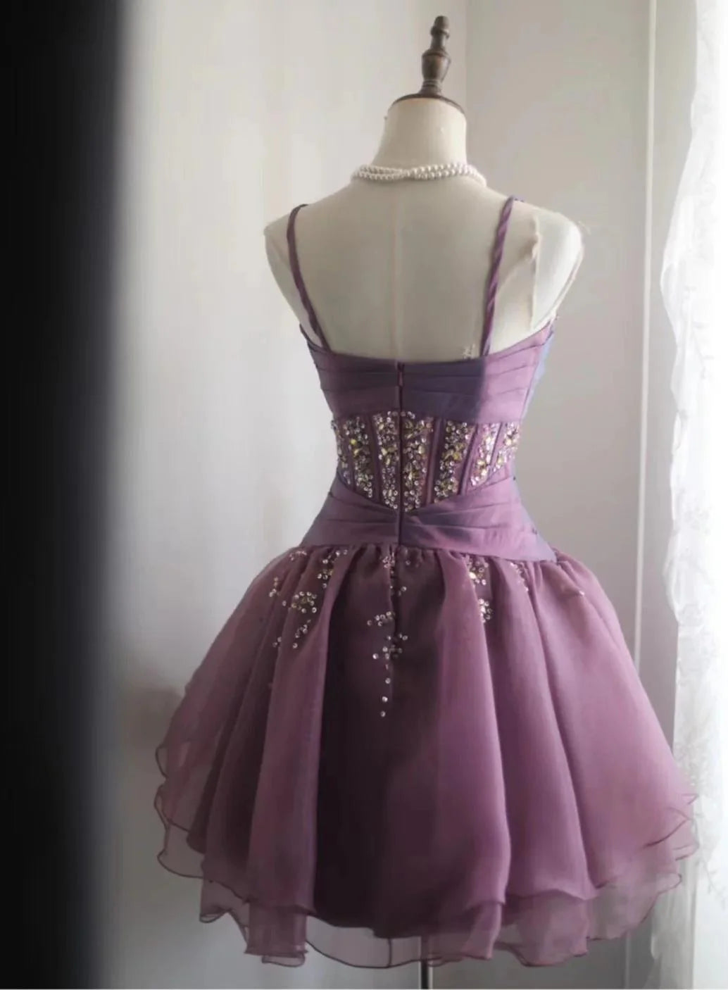 Sweet Spaghetti Straps Short Prom Dresses  Purple A-Line Tulle Homecoming Dresses with Rhinestones