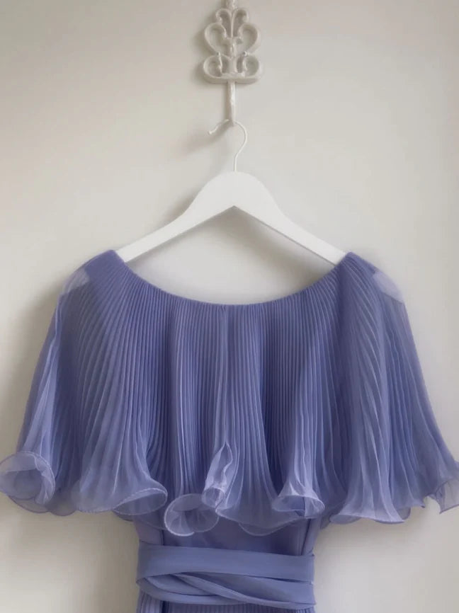 Gentle A Line Pleated Chiffon Long Evening Dress Round Neck Blue Party Dresses