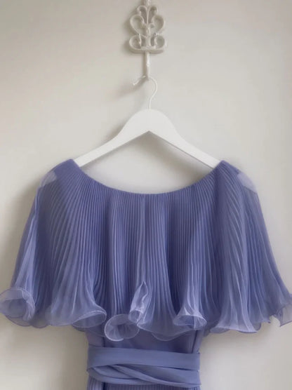 Gentle A Line Pleated Chiffon Long Evening Dress Round Neck Blue Party Dresses